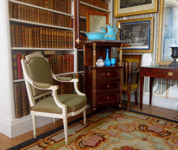 Barbière table de toilette d'époque Louis XVI Directoire en acajou et marbre bleu Turquin