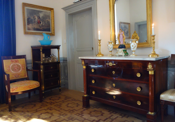 Barbière table de toilette d'époque Louis XVI Directoire en acajou et marbre bleu Turquin