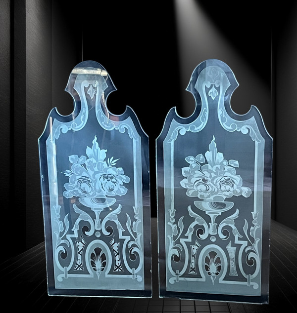 PAIR OF 1900S FROSTED AND ACID-ETCHED GLASS BISTRO WINDOWS