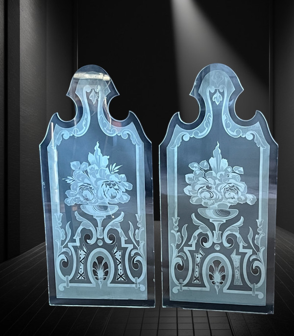 PAIR OF 1900S FROSTED AND ACID-ETCHED GLASS BISTRO WINDOWS