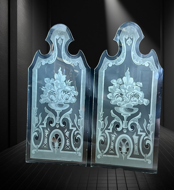 PAIR OF 1900S FROSTED AND ACID-ETCHED GLASS BISTRO WINDOWS