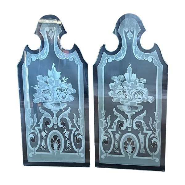 PAIR OF 1900S FROSTED AND ACID-ETCHED GLASS BISTRO WINDOWS