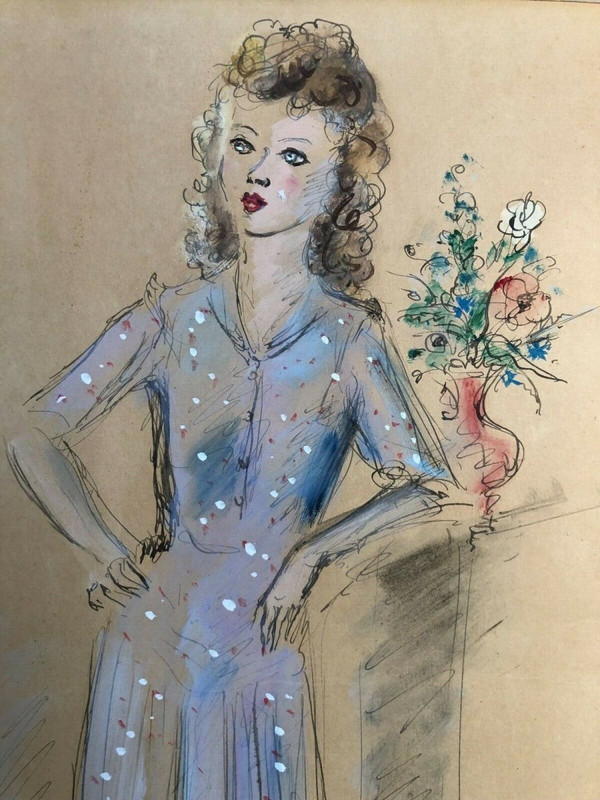 Aquarelle dessin rehaussé de femme 1943 signée André Dignimont