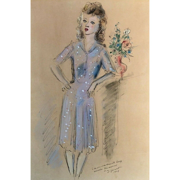 Aquarelle dessin rehaussé de femme 1943 signée André Dignimont