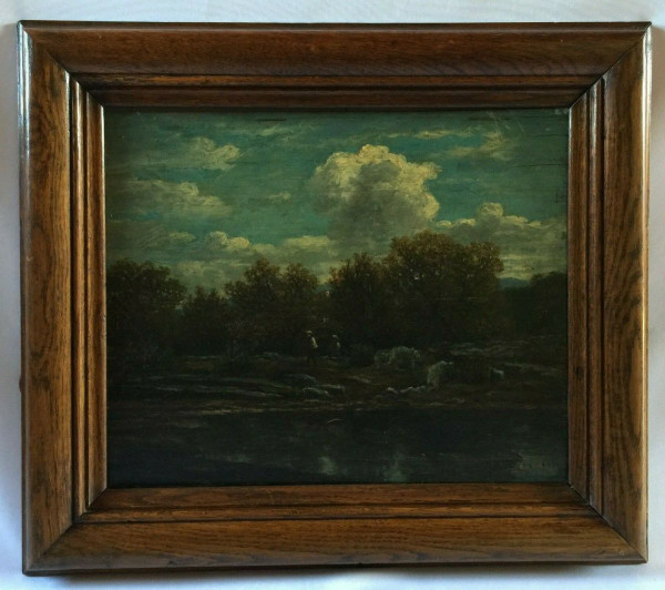 Oil on wood panel by Chevallier 1878 Barbizon scene wooden frame