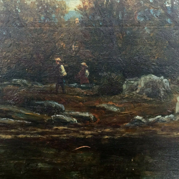 Oil on wood panel by Chevallier 1878 Barbizon scene wooden frame