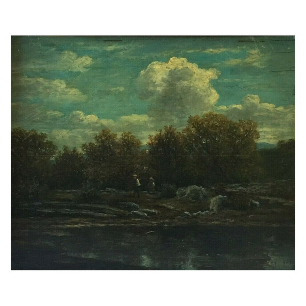 Oil on wood panel by Chevallier 1878 Barbizon scene wooden frame