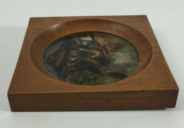 Miniature under glass battle scene with horses 19th century wooden frame