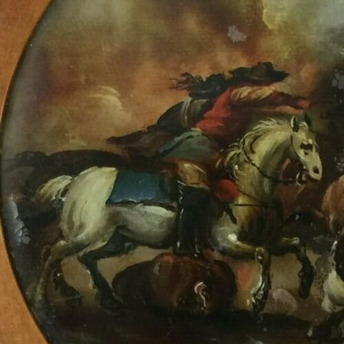 Miniature under glass battle scene with horses 19th century wooden frame