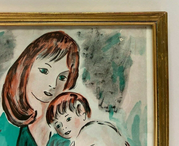 Aquarelle sur papier par Henry d'Anty femme à l'enfant devant une cathédrale