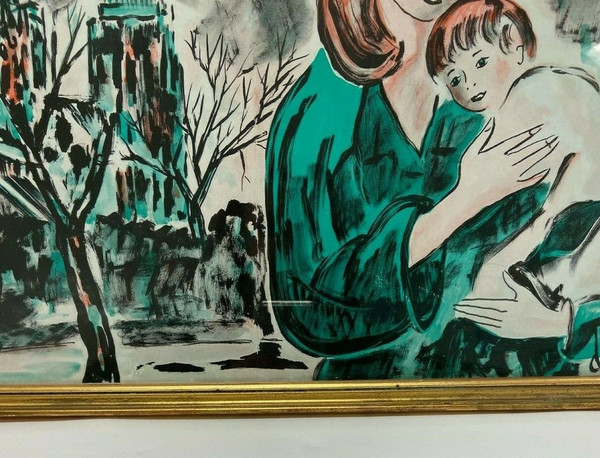 Aquarelle sur papier par Henry d'Anty femme à l'enfant devant une cathédrale