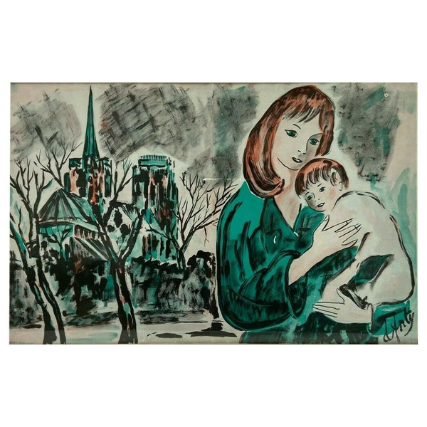 Aquarelle sur papier par Henry d'Anty femme à l'enfant devant une cathédrale