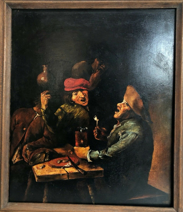 Oil on copper panel tavern scene 19th century wooden frame