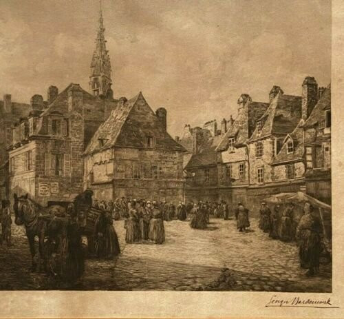 Engraving of a Breton market scene by Georges Maulemouck 1900, natural wood frame