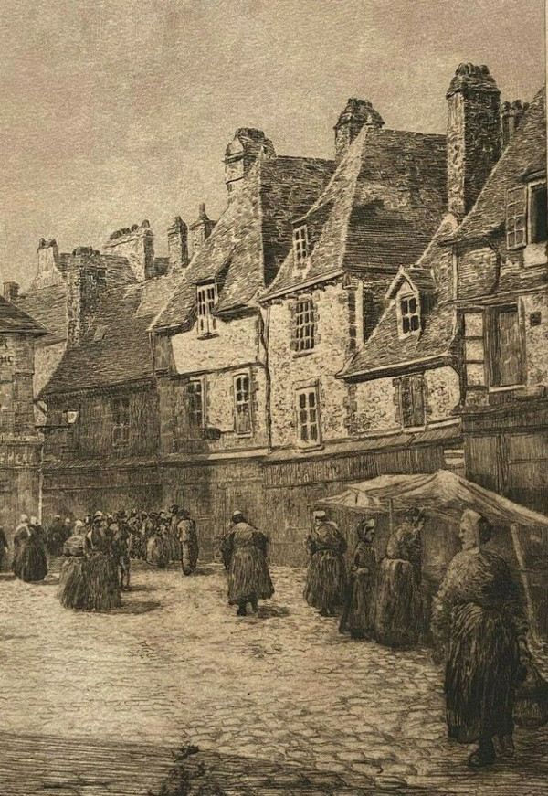 Engraving of a Breton market scene by Georges Maulemouck 1900, natural wood frame