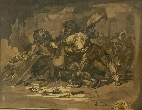 Waschzeichnung Kampfszene von Armand Guilleminot 1899 Goldener Rahmen