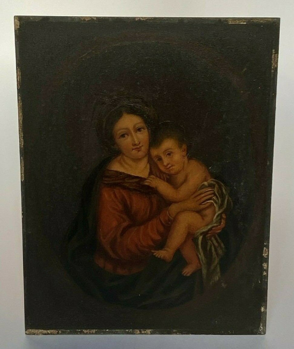 Olio su tavola Vergine Maria XIX secolo opera italiana Cornice dorata