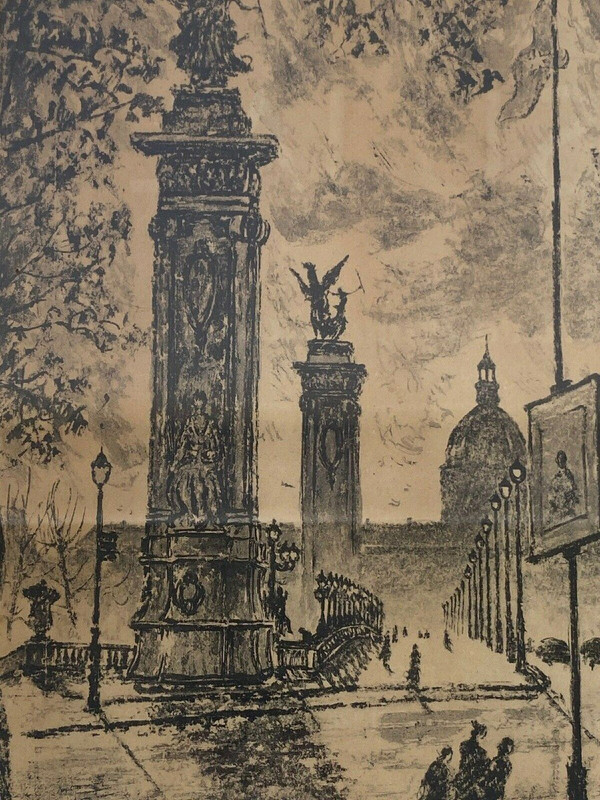 Dessin par Yonosuke Hoshizaki vue du pont Alexandre III Paris 1951