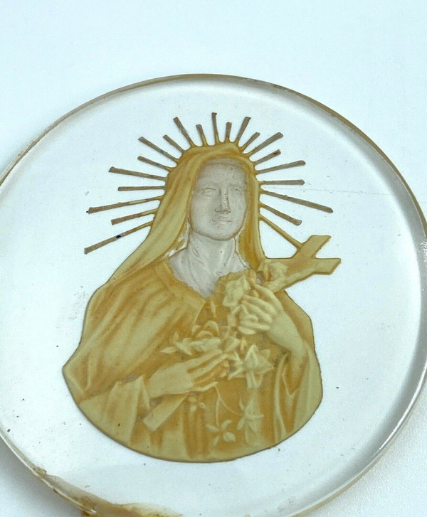 Intaille religieuse sainte dans du verre fin XIXe