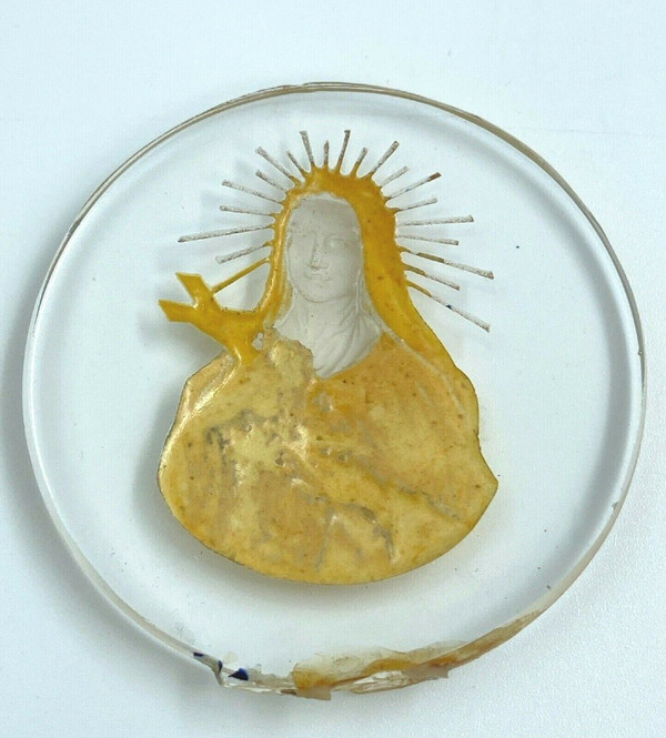 Intaille religieuse sainte dans du verre fin XIXe