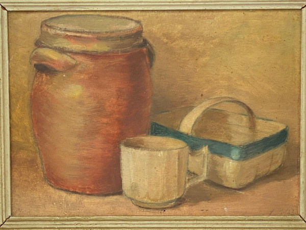 Still life oil on panel stoneware pot and basket 1943