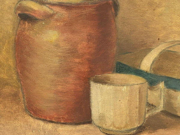 Still life oil on panel stoneware pot and basket 1943