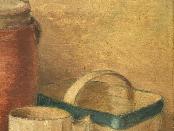 Still life oil on panel stoneware pot and basket 1943