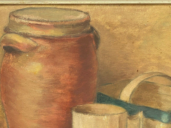 Still life oil on panel stoneware pot and basket 1943