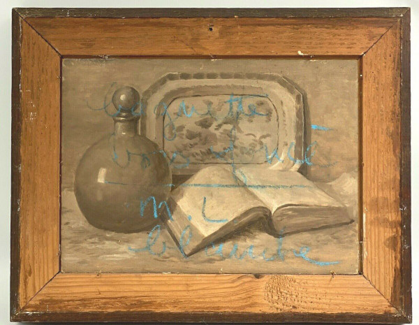 Still life oil on panel stoneware pot and basket 1943