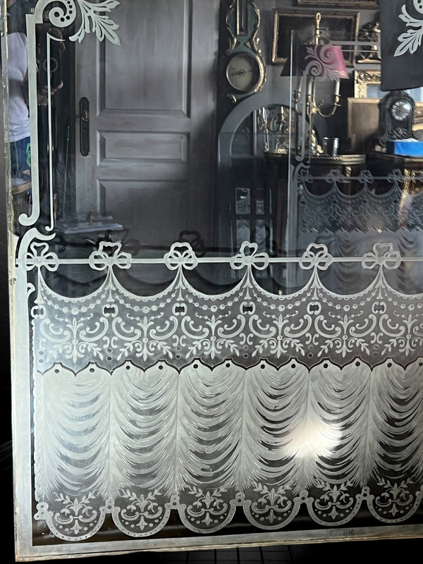 LARGE PAIR OF OLD BISTRO WINDOWS IN FROSTED AND ACID-ETCHED GLASS