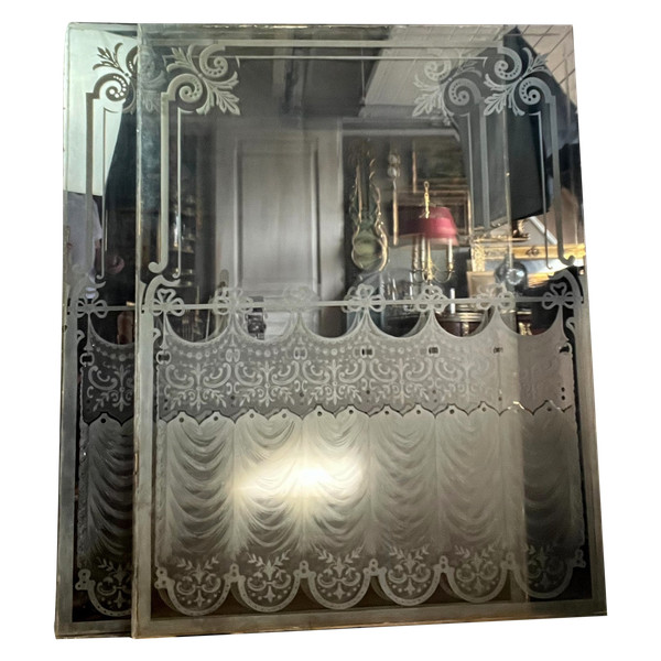 LARGE PAIR OF OLD BISTRO WINDOWS IN FROSTED AND ACID-ETCHED GLASS