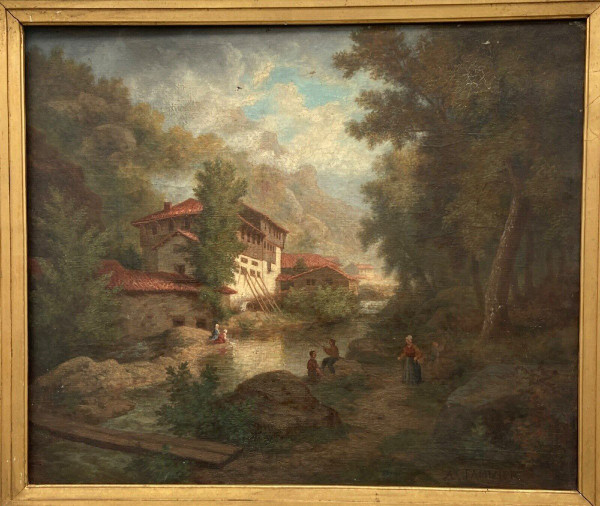 Oil on canvas by Claude Auguste Tamizier 19th century river bank palmettes frame