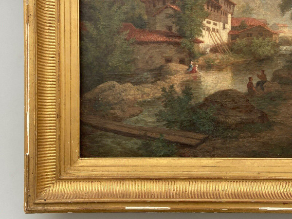 Oil on canvas by Claude Auguste Tamizier 19th century river bank palmettes frame