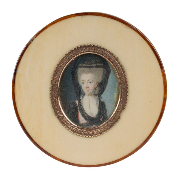 18th-century tortoiseshell box decorated with a miniature of a woman wearing a headdress