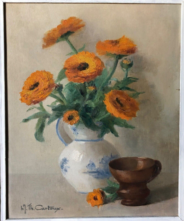 Oil on panel by Th. Cartoux still life bouquet of marigolds 20th century