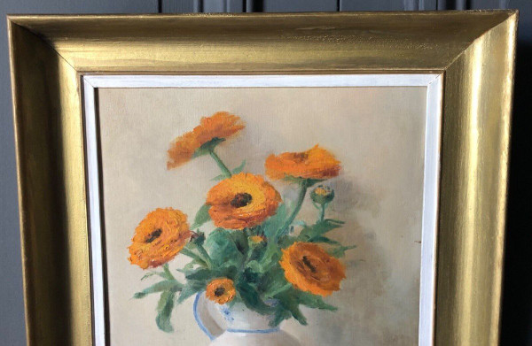 Oil on panel by Th. Cartoux still life bouquet of marigolds 20th century