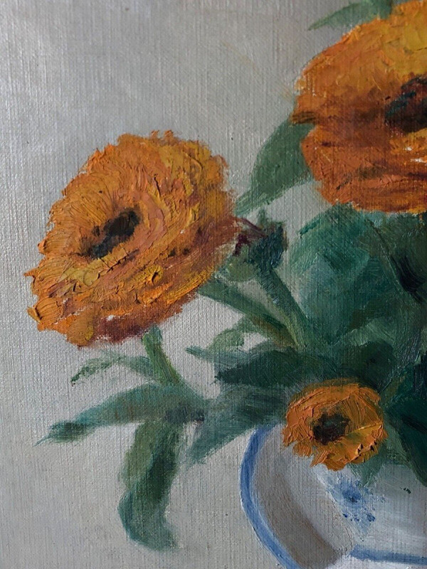 Oil on panel by Th. Cartoux still life bouquet of marigolds 20th century