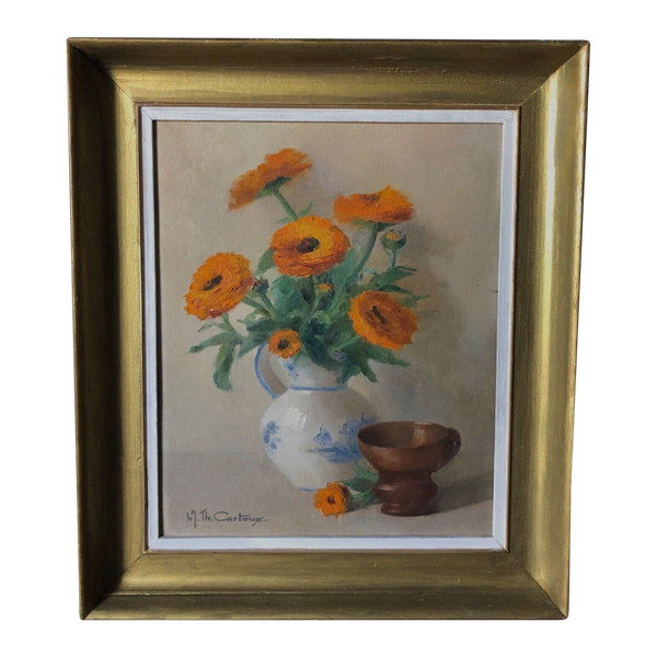 Oil on panel by Th. Cartoux still life bouquet of marigolds 20th century