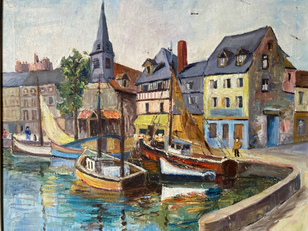 Oil on canvas by Yves Auger depicting Le Port d'Aix-les-Bains 20th century