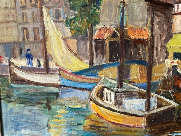 Oil on canvas by Yves Auger depicting Le Port d'Aix-les-Bains 20th century