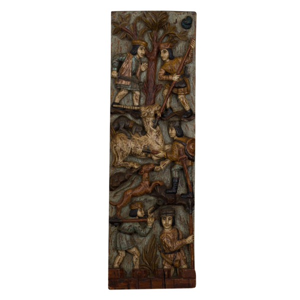 Carved polychrome wood hunting game XXth century decorated with medieval characters