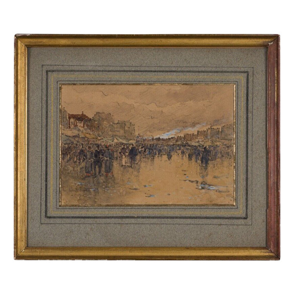 Aquarell auf Papier von Francis Garat Straßenszene Paris XX.