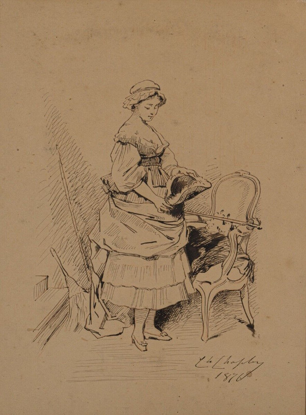 Dessin à la plume par Charles Chaplin jeune femme au fauteuil 1876