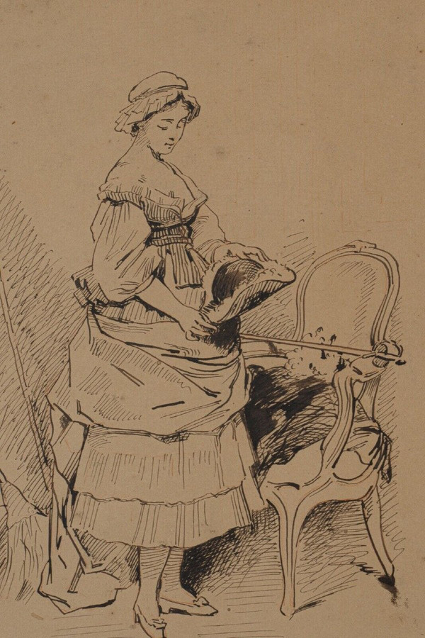 Dessin à la plume par Charles Chaplin jeune femme au fauteuil 1876