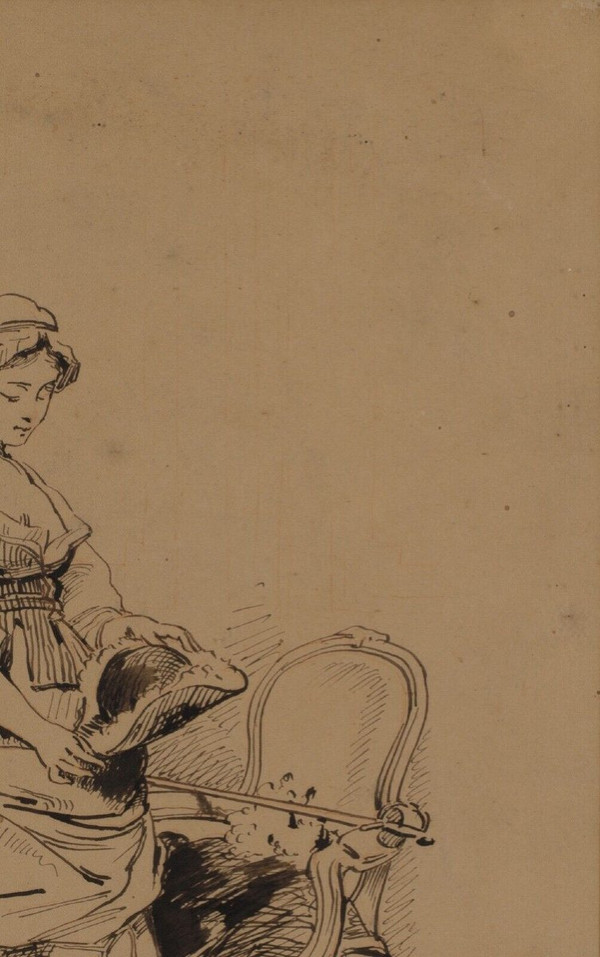 Dessin à la plume par Charles Chaplin jeune femme au fauteuil 1876