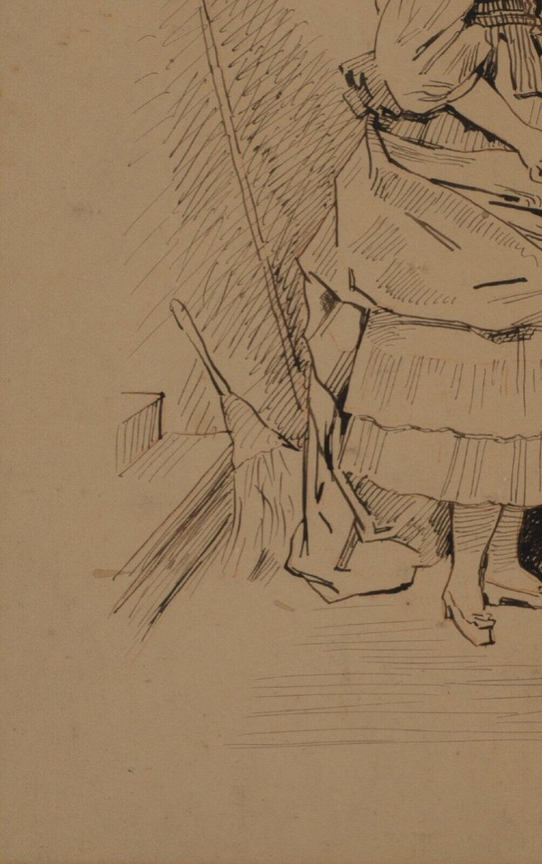 Dessin à la plume par Charles Chaplin jeune femme au fauteuil 1876