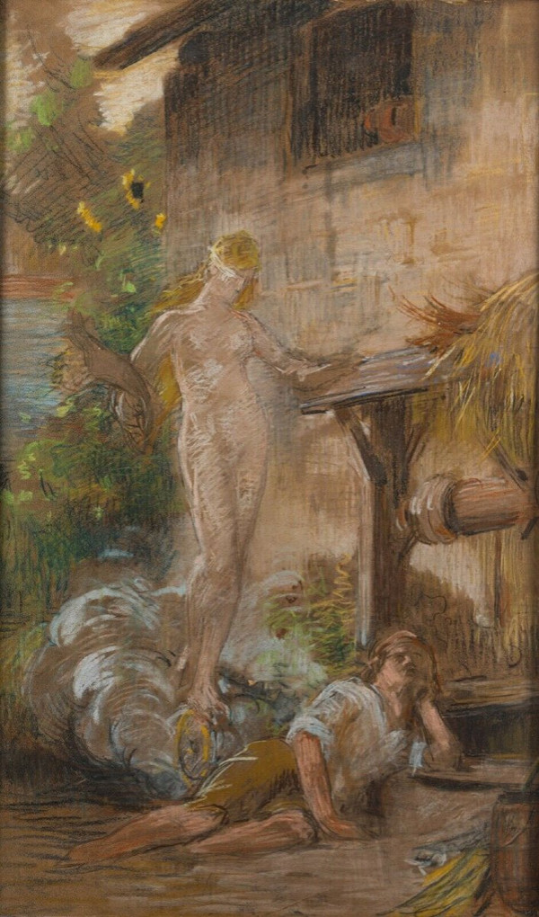 Aquarell auf Papier Junge nackte Frau Liegender Mann 1900