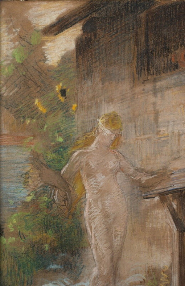 Aquarell auf Papier Junge nackte Frau Liegender Mann 1900