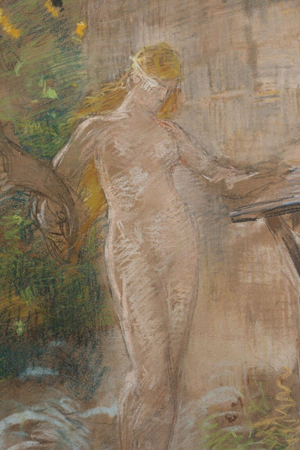 Aquarell auf Papier Junge nackte Frau Liegender Mann 1900