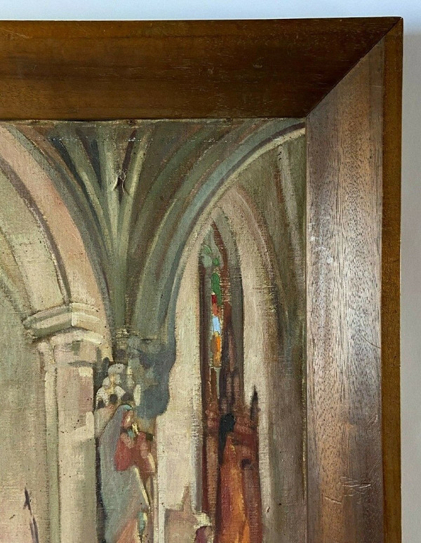 Olio su tela di Martin Dobuin 1941 Interno della chiesa Doppio volto